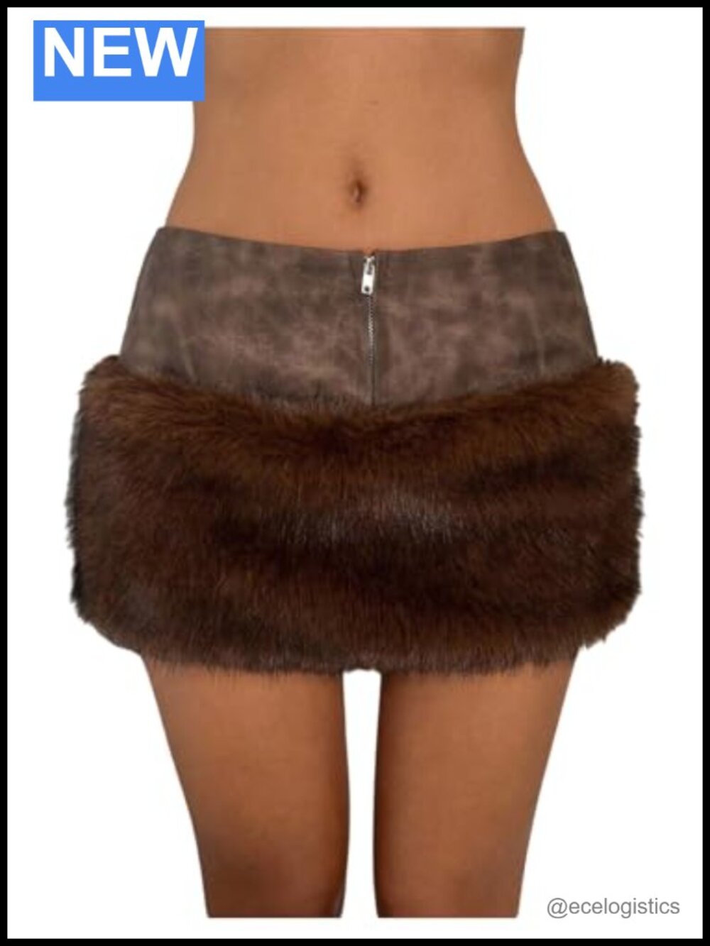 Faux Fur PU Leather Micro Mini Skirt Bodycon Low Rise Clubwear